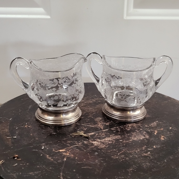 Antique Frosted Glass Sugar & Creamer Set w/ Sterling Silver Foot